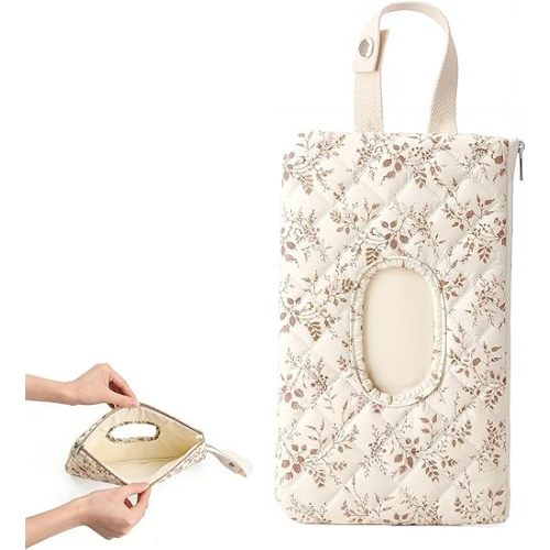 Wipe Holder Floral Diaper and Wipes Pouch Portable Hanging Wipes Bag for Car, Resuable Wet Wipe Pouch for Travel & Outdoor, Beige