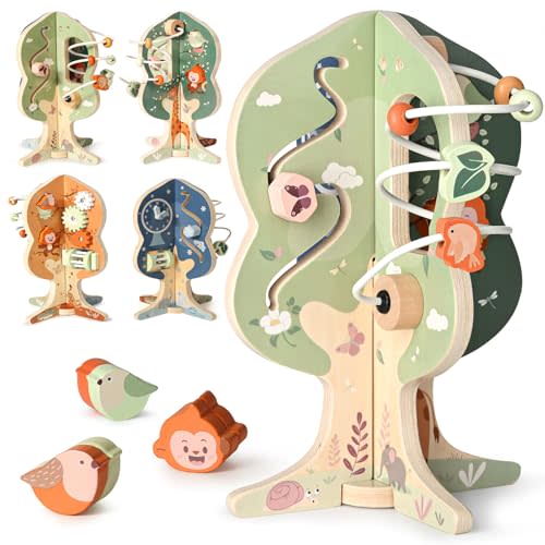 Joyreal Wooden Activity Cube for Baby - 8-in-1 Montessori Toys for 1 Year Old, Multipurpose Sensory and Educational Toy for 12M+ Baby Toddler, Kid, 1st Birthday Gifts Boy & Girl with Tree Theme