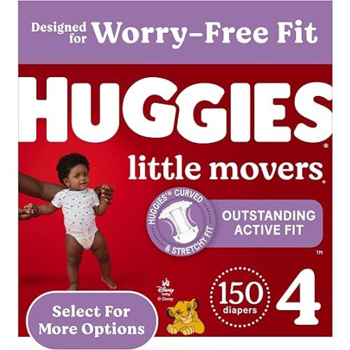 Huggies Size 4 Diapers, Little Movers Baby Diapers, Size 4 (22-37 lbs), 150 Count, Packaging May Vary