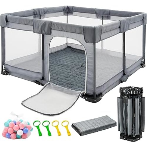 Foldable Baby Playpen with Mat, 50x50inch Playpen for Babies and Toddlers,Portable Play Pen with 30pcs Ocean Balls and 4 Handlers Indoor & Outdoor. (50“X50”)