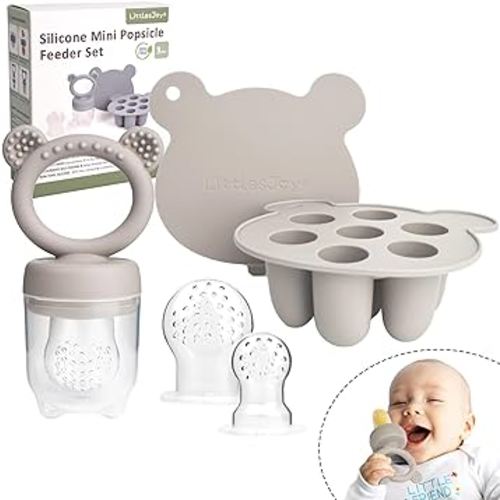 Silicone Baby Fruit Feeder & Freezer Tray Set, Silicone Baby Fruit Food Feeder for Safe Infant Self Feeding, BPA Free Teething Relief for 3 Month+, Additional Silicone Pouches (Light Grey)