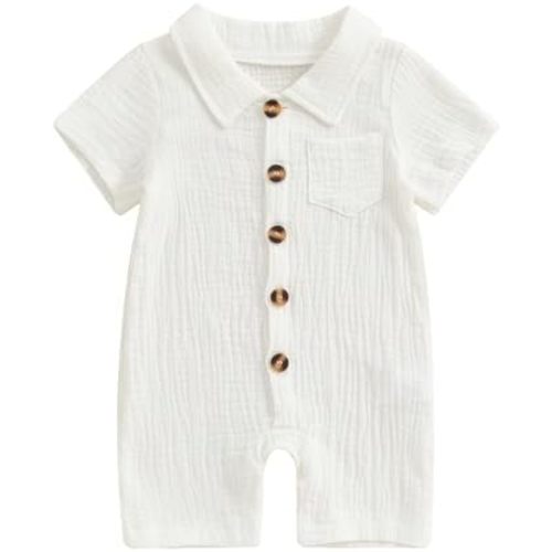 Honganda Summer Baby Boy Cotton Linen Jumpsuit Short Sleeve Button Down Playsuit Romper One Piece Outfit 0-24M