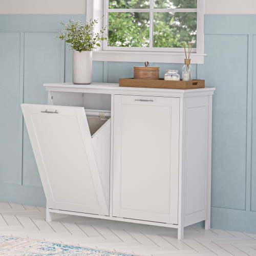 Tilt-Out Laundry Hamper Cabinet with Cloth Storage Bags - White