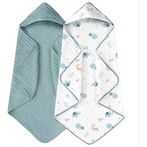 Yoofoss Hooded Baby Towels for Newborn 2 Pack 100% Muslin Organic Cotton Baby Bath Towel with Hood for Babies, Infant, Toddler and Kids, 32x32Inch, Soft and Absorbent Newborn Essential,Blue Elephant
