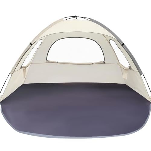 WhiteFang Beach Tent Anti-UV Portable Sun Shade Shelter for 3/4/6 Person, Extendable Floor with 3 Ventilating Mesh Windows Plus Carrying Bag, Stakes and Guy Lines
