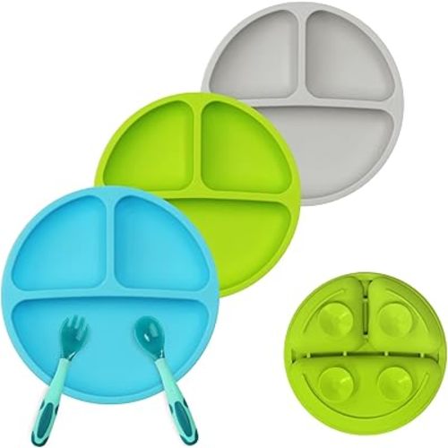 3 Pack Safe Silicone Baby Suction Plates - Toddler Divided Plate Set with Spoon Fork, Dishwasher and Microwave Safe (Blue, Green & Gray)