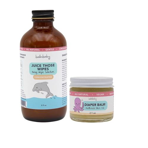 Juice Those Wipes and Diaper Balm - Cloth Wipes Concentrated Solution + Baby Diaper Rash Balm - All Natural - Cloth Safe - Plastic Free - Glass Containers - Made in USA