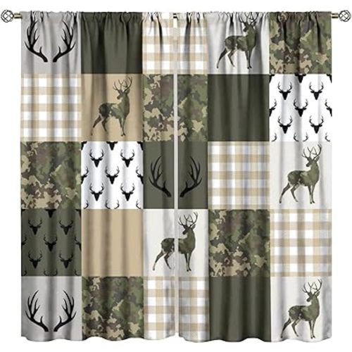 Camouflage Deer Curtains, Vintage Camo Green Beige Plaid Rustic Cabin Wildlife Hunting Window Treatments for Farmhouse Kitchen Living Room Bedroom 72" W X 63" L