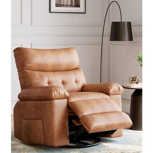 GarveeHome 360° Swivel Rocking Recliner Chair, Oversized PU Leather Reclining Nursery Rockers with Heat & Massage, Rocker Recliner Chair with Pull Handle, Silla Mecedora