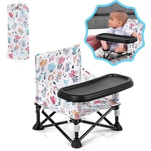 Toddler Booster Seat for Dining Table & Kitchen Chair - Portable Foldable with Removable Tray, Baby Camping Chair 6-36 Months Indoor Outdoor (Green Stripe)