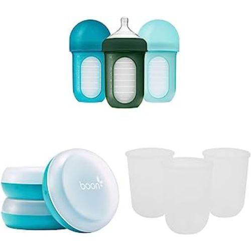 Boon NURSH Reusable Silicone Baby Bottles & NURSH Storage Buns (Pack of 3), Blue-White,3 Count (Pack of 1) & NURSH Reusable Silicone Replacement Pouch, 3 Months and up, 8 Ounce (Pack of 3)