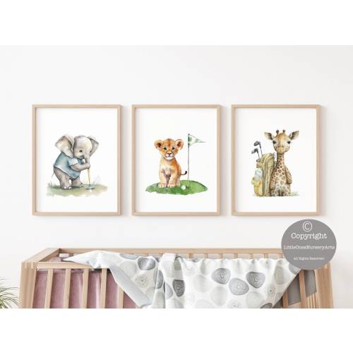 Watercolor Nursery Golf Art Set of 3, Cute Golfer Animals, Nursery Golf Decor, Golf Baby Shower Gift, Nursery Wall Decor, Golf Nursery Art
