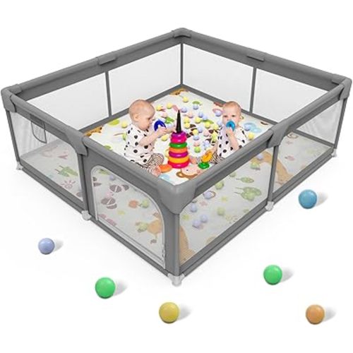 Palopalo Baby Playpen, 50''x50'' Extra Large Playard for Babies and Toddlers, Baby Activity Center with 8 Suction Cup Bases, Infants Play Pen with Gate and Soft Breathable Mesh, Without Mat