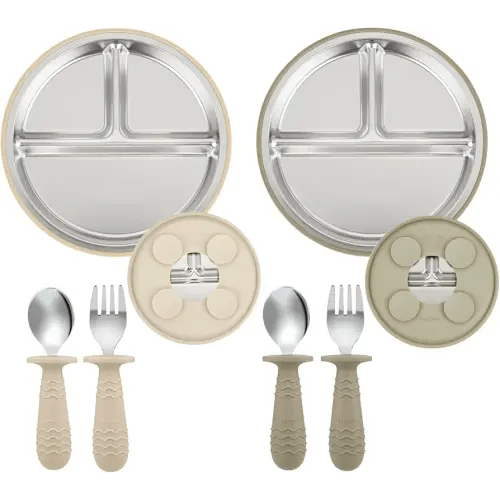 PandaEar 2 Pack Stainless Steel Baby Suction Plates & 2 Pack Spoons and Forks Set, Toddler Utensils Baby Feeding Set, Divided Plates for Baby Led Weaning Supplies, BPA-Free (Tan/Walnut)