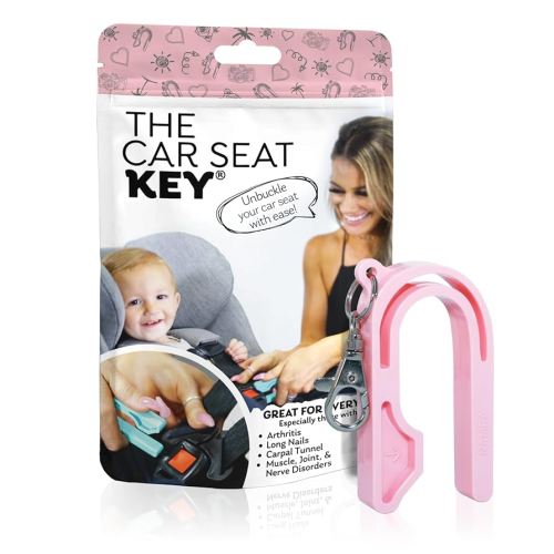 The Car Seat Key - Original Car Seat Key Chain Buckle Release Tool - Easy Unbuckle Opener Aid for Nails, Parents, Grandparents & Older Children by NAMRA Made in USA (Pink)