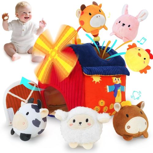 Soft Barn Toy - Baby Toys 6-12 Months with 6 Stuffed Farm Animals, Montessori Sensory Plush Rattles Toys W/Crinkle, Mirror Motor Skills Developmental for Toddlers 1 2 3 Year Boys Girls Gift