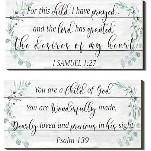 Yookeer 2 Pcs Wood Nursery Wall Decor for Girls Boys Baby Girl Room Decor Nursery Christian Wall Art This Child I Have Prayed Bible Quote Hanging Sign for Kids Home 12 x 6 Inch(Greenery)