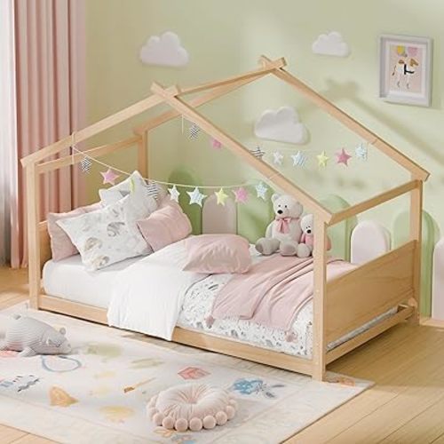 Twin House Bed, Montessori Floor Bed with Headboard & Footboard, Solid Wood Bed Frame for Toddlers Kids Bedroom, Natural