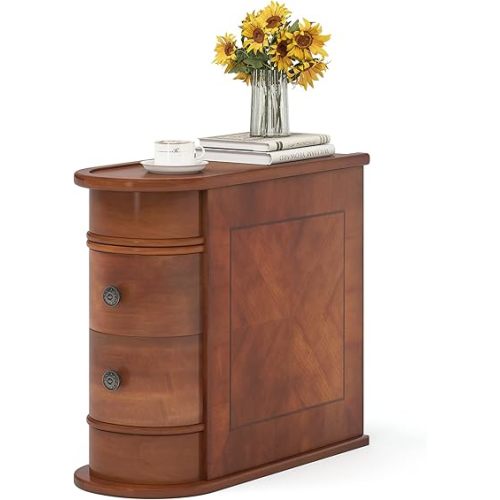 LITTLE TREE Wood End Table with 2 Drawers Sofa Side Table, No Assembly Required Vintage Slim Nightstand Bedside Table for Bedroom