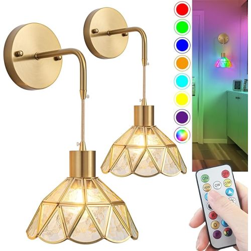 Battery Operated Wall Sconce, Wireless Wall Sconces Set of Two Battery Operated, RGB Color Changing Dimmable Battery Operated Sconces with Remote for Bedroom Living Room, Easy to Install - Transparent