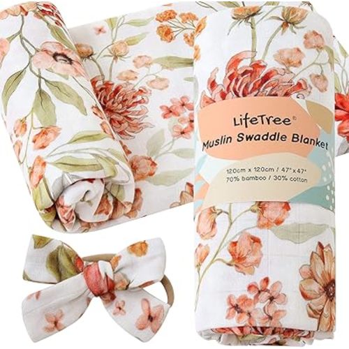 LifeTree Newborn Swaddle Sets for Baby Girl, Muslin Swaddle Blankets with Matching Headband Bow, Neutral Infant Receiving Blanket Floral Swaddle Wrap, 47 x 47 inches, Viscose from Bamboo Cotton