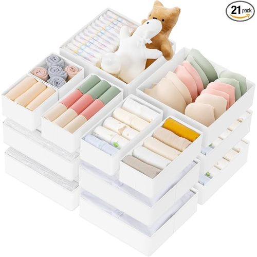 Criusia Drawer Organizer Clothes, 21 Pack Dresser Organizer for Baby Clothes, Underwear, Sock- Foldable Closet Organization and Storage Dividers Bins for Nursery, Bedroom (White)