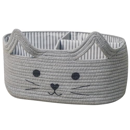 T&T Homewares Diaper Caddy Organizer, Cotton Rope Diaper Caddy Basket, Baby Shower Basket, Nursery Storage Bins, Newborn Caddie- Cat, Fox, Penguin (Grey Cat)