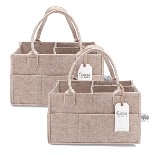 Parker Baby Diaper Caddy Multipack - Set of 2 Nursery Storage Bins and Car Organizers for Diapers, Wipes, and Baby Essentials - Portable and Stylish Diaper Totes - Oatmeal