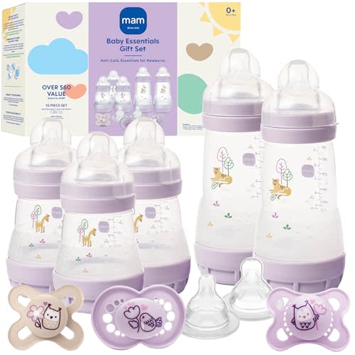 MAM Easy Start Anti-Colic 5 Baby Bottle & 3 Pacifier Newborn Gift Set | 5 Self Sterilizing Bottles (3X 5oz, 2X 9oz) & 3 Original Pacifiers 0–16 Months + Extra Nipples, Made In Europe
