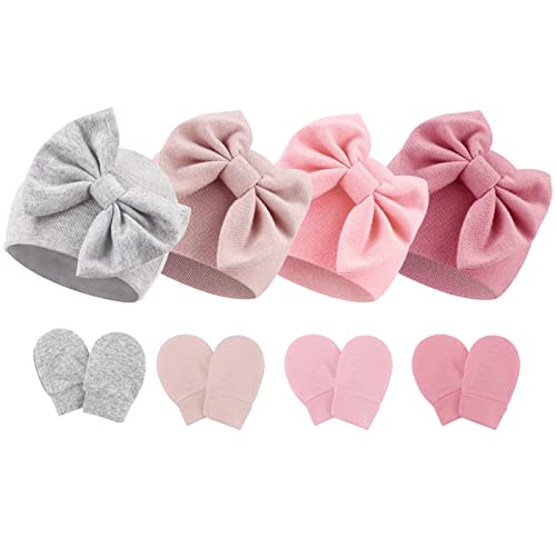 BQUBO Newborn Baby Hats Mittens Set Hospital Hat Beanie Infant Bow Hats Baby Gloves No Scratch Mittens for 0-6 Months