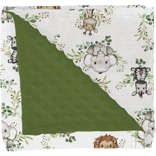 Cute Jungle Safari Animals Green Leaves Baby Blankets for Girl Boy Lion Giraffe Elephant Zebra Soft Mink Dotted Backing Double Layer Swaddle Blanket Bed Throw for Newborn Infant Toddler Nursery 30x40
