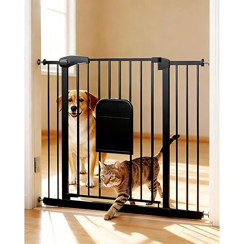 Adjustable Pet Gate with Cat Door, Auto-Close Pressure-Mounted Safety Gate for Doorways & Stairs – Ideal for Multi-Pet Homes (29–45 Inches, Black)