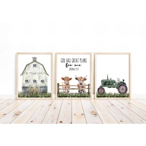 Christian Barnyard Rustic Farm Highland Cow Tractor Nursery Decor Set of 3 Unframed Farmhouse Prints God Has Great Plans For Me Bible Verse