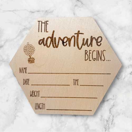 Birth Announcement Sign The Adventure Begins Wood Welcome Decor Disney Pixar Nursery Up Paradise Falls Wilderness Explorer Baby Shower Gift