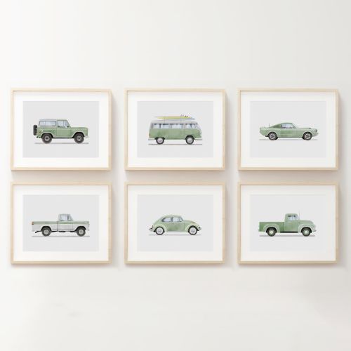 Set of 6 Vintage Sage Green Vehicle Prints, Boys Room Decor, Retro Car Prints For Boys Room,Kids Room Wall Art,Transportation Watercolor Art