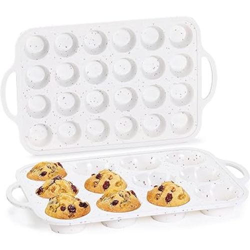 CAKETIME Silicone Muffin Pans for Baking, Metal Reinforced Frame Regular 12 Cups & Mini 24 Cups Cupcake Pan Nonstick Muffin Pan for Homemade Baking Easy to Handle