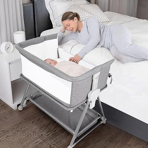 Cowiewie 3 in 1 Baby Bassinet Playpen Beside Sleeper Multifunctional Beside Bassinet with Game Mode for Baby Height-Adjustable (Grey)