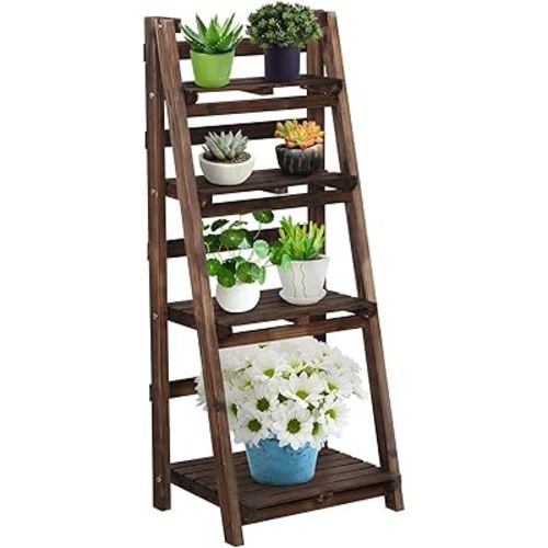 Yaheetech Wooden Foldable Ladder Shelf 4-Tier Magazine Holder Book Rack Plant Stand Folding Flower Display Pot Decorative Storage Free Standing Indoors/Outdoors Rustic No Assembly Required Brown