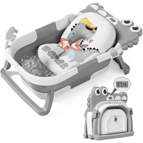 TPN Collapsible Baby Bathtub, Baby Bath Tub with Soft Cushion & Real-Time Thermometer, Baby Bathtub Infant to Toddler Tub (0-36 Months), Portable Travel Baby Tubs for Newborns (Grey)