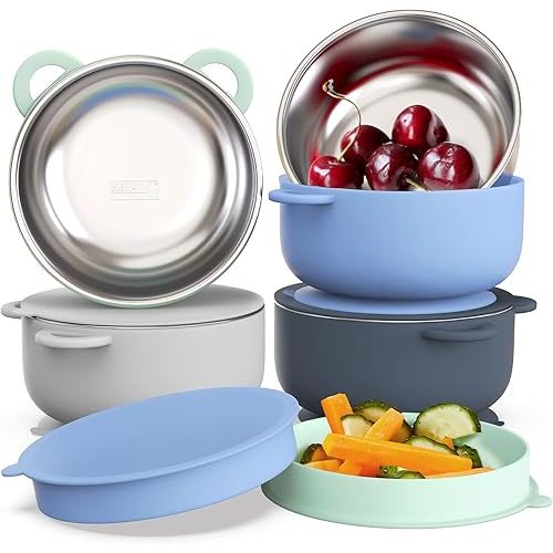 Baby Suction Bowls with Lids 4-Pack, 2-in-1 Stainless Steel 304 Toddler Bowl & Removable Silicone Suction Kids Bowl Plate Set Non Toxic Snack Dishes for Self-Feeding, Ocean Explorer Set
