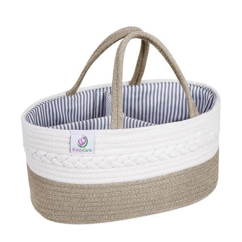 KiddyCare Baby Diaper Caddy Organizer Cart Storage for Nursery with Handle Lid | Diaper Tote Bag Holder, Baby Shower Basket Gift | Baby Bath Caddy for Diapers and Baby Wipes | Natural Regular - Large