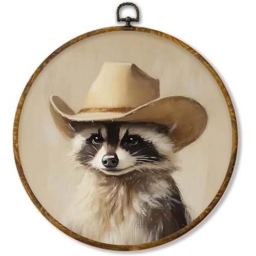 shiviody Vintage Cowboy Canvas Wall Art Decor, Retro Western Raccoon Wall Decor, Funny Animal Cowboy Hat Round Hanging Frame Prints Decorations for Bedroom Bathroom Boys Room 10"x10"