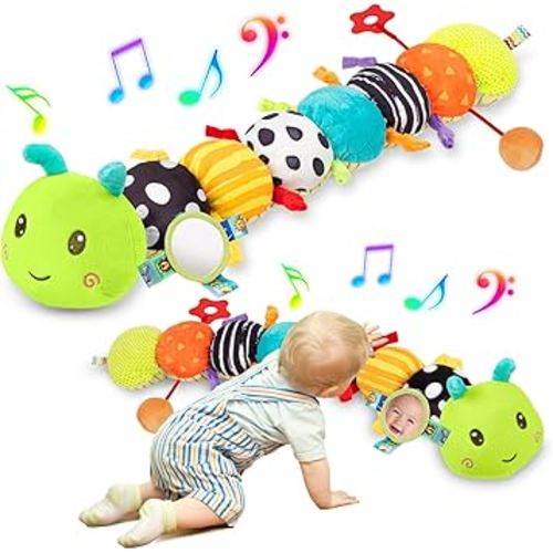 Baby Sensory Toys 0-6 6-12 Months, Musical Plush Animal Stuffed Caterpillar with Crinkle & Rattle, Tummy Time Toys for Infants Newborn 3 6 9 12 18 Months, Car Seat and Shower Gifts for Boys Girls