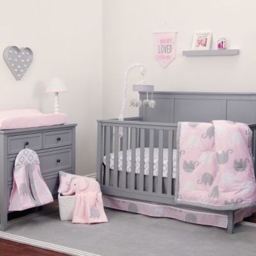 NoJo The Dreamer Pink and Grey Elephant 8 Piece Nursery Crib Bedding Set