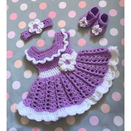 Baby Girl Dress Set Purple Crochet Baby Dress Set Newborn Baby Dress Lavender Toddler Dress Baby Knit Dress Headband Violet Baby Girl Dress