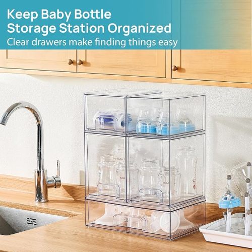 Stackable Storage Drawers Set of 5, Clear Plastic Organizer Bins for Baby Bottle, Beauty Supplies Storage, Ideal for Kichen Countertop, Vanity, Bathroom, Cabinet, Pantry Organization