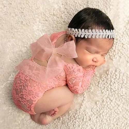 Ylsteed Newborn Photography Outfits Girl Newborn Photography Props Lace Romper Newborn Baby Photo Shoot Outfits Girls Photo Props (Wheat headband+Pink Set)