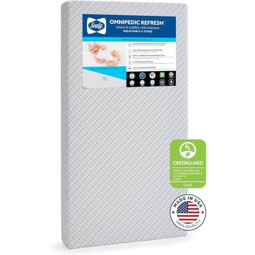 SEALY BABY OmniPedic Refresh Breathable 2 Stage Waterproof Crib Mattress Plus Toddler Bed Fit, Removable Knit Cover, GREENGUARD Gold Certified, Safety & Quality Tested, Made in USA, 52'X28' -Gray