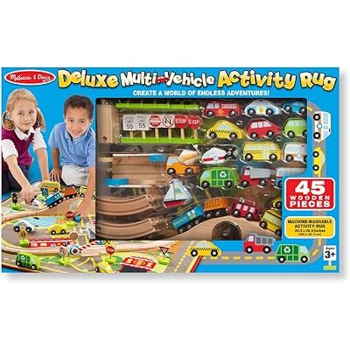 Melissa & Doug Deluxe Multi-Vehicle Activity Rug (39.5" x 36.5") - 19 Vehicles, 12 Wooden Signs, Train Tracks