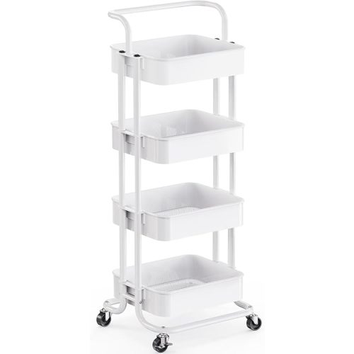 Pipishell 4 Tier Rolling Cart, Metal Utility Cart with Wheels and Handle, Rolling Storage Cart for Nursery Room, Living Room, Painting Room, Office and Kitchen, White